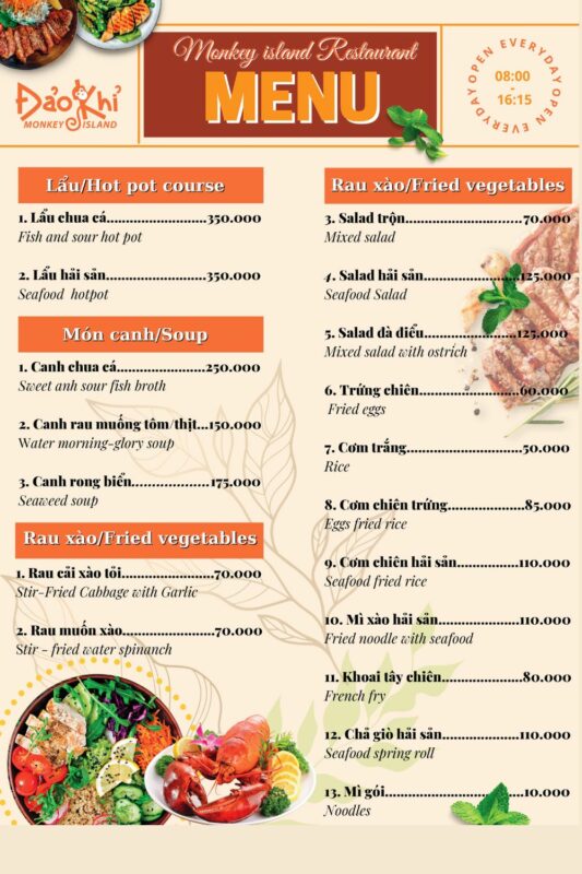 menu nhà hàng đảo khỉ nha trang